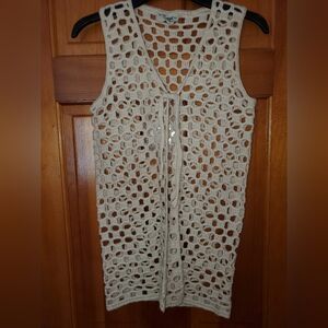 Vintage Boho Cream Crochet Sleeveless Vest Top Tie Closure One Size